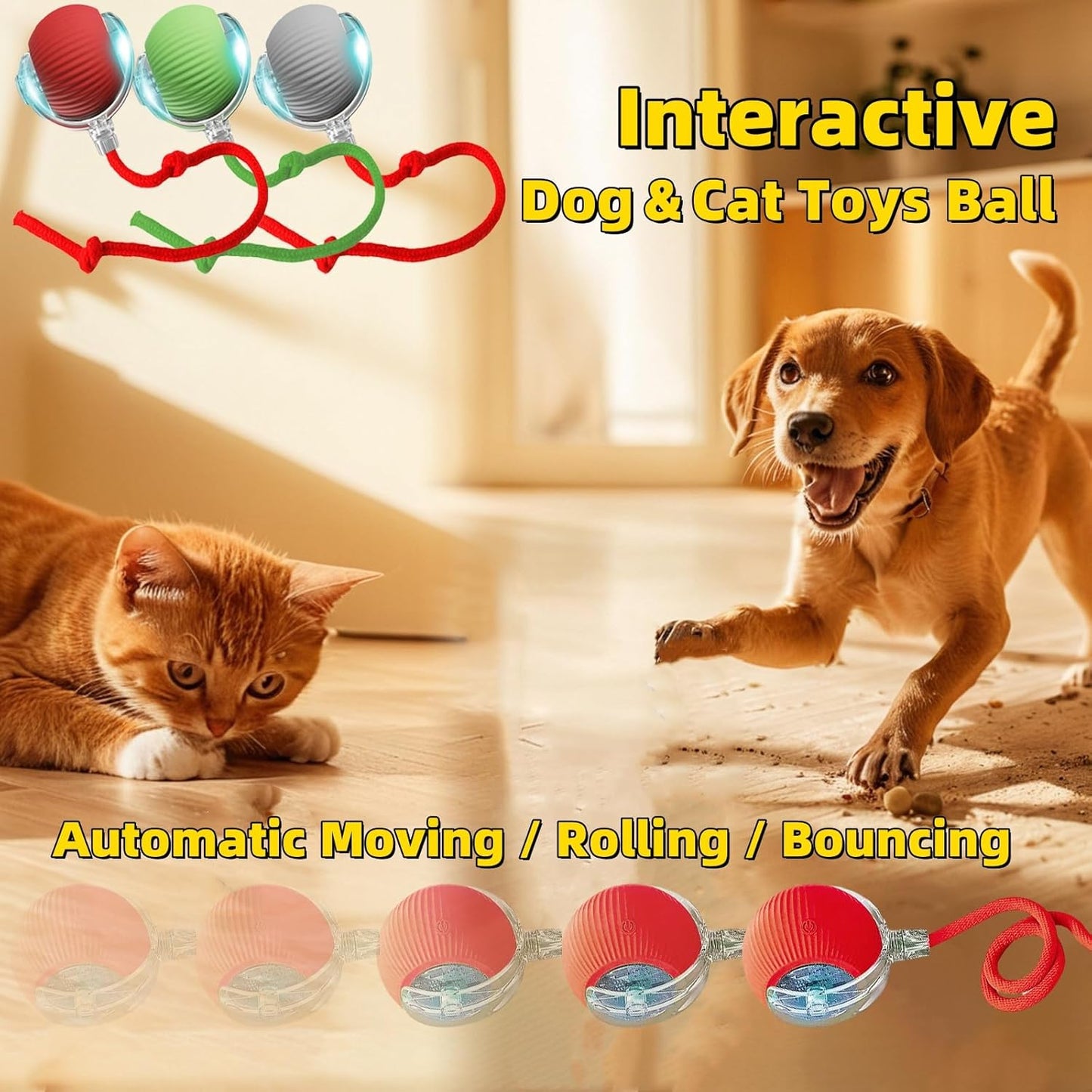 Interactive Dog Cat Toy Ball, Automatic Moving Bouncing Rolling, with Replacement Tail, Pet Smart Chase Ball Rechargeable, Enrichment Toys for Bored Indoor Adult Cats/Dogs