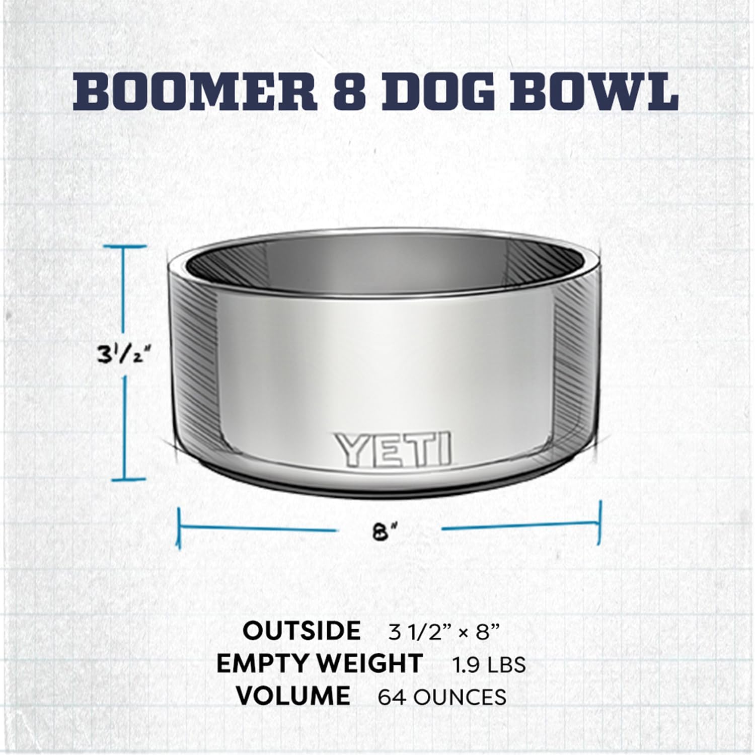 Boomer 8, Stainless Steel, Non-Slip Dog Bowl, Holds 64 Ounces