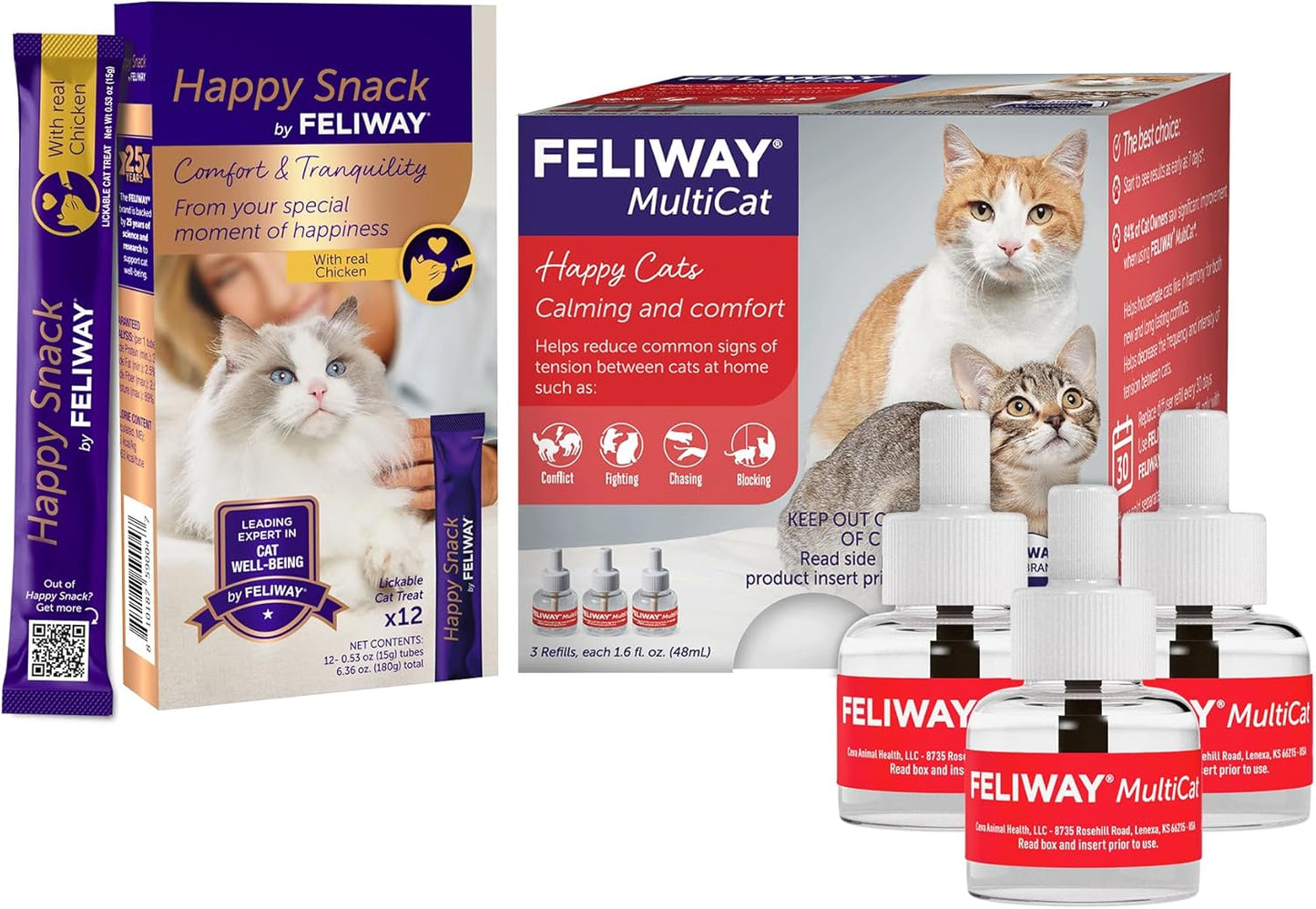 Multicat 3-Pack of 30-Day Calming Refills for Pheromone Diffuser & Happy Snack Calming Cat Treats (12 Count, Chicken Flavor)