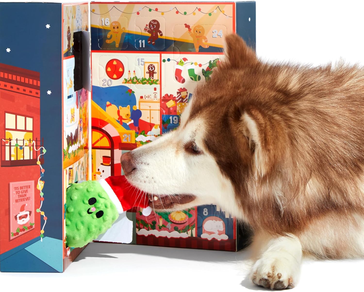 Dog Advent Calendar – Holiday Gift Box with 8 Festive Plush Dog Toys & 16 Bakery-Style Treats – Squeaky, Fluffy & Crunchy Surprises for Small to Large Dogs