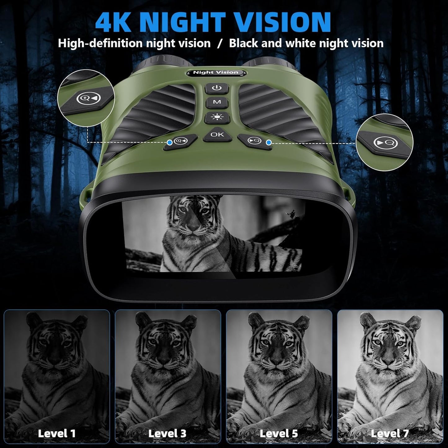 Night Vision Goggles - 4K Night Vision Binoculars with 48MP and 3 Inch Display, 8X Digital Zoom and 7-Level Infrared Black with White, Backlit Buttons, Type-C Fast Charging & Detachable Battery