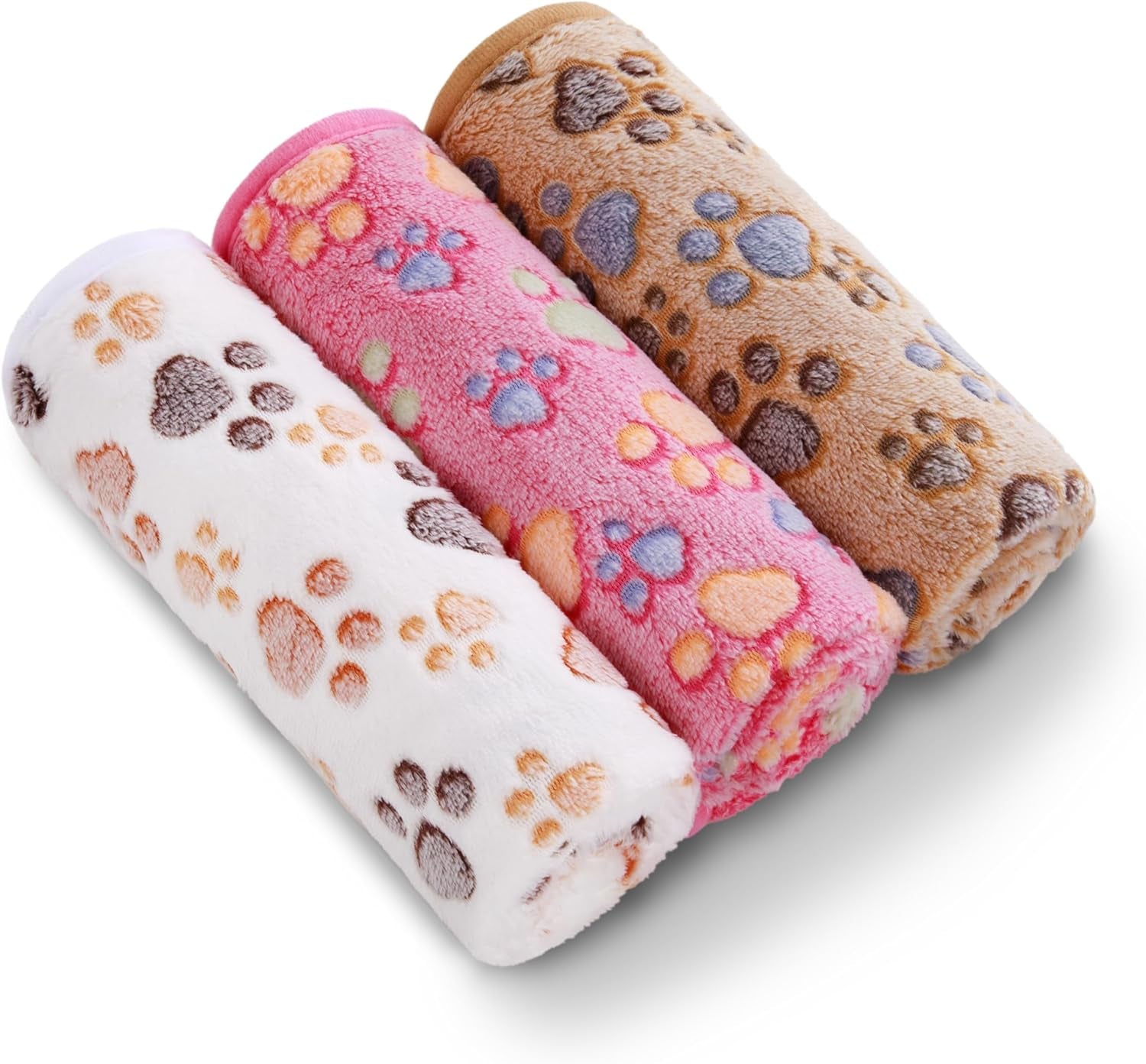 Premium Fleece Pet Blanket Set - 3 Super Soft Fluffy Throws for Dogs and Cats in Brown, Pink, and White (Small, 23x16 Inches)