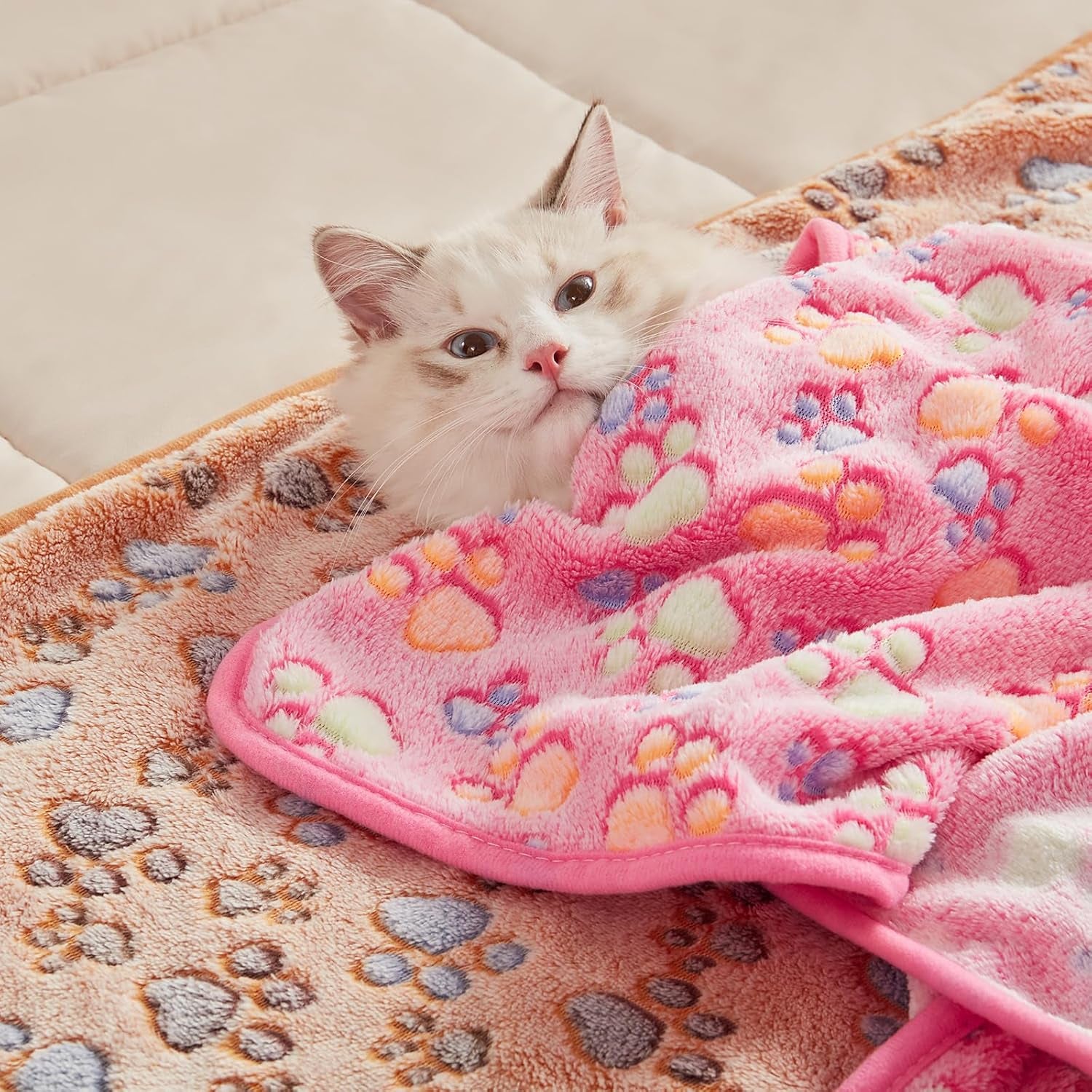 Premium Fleece Pet Blanket Set - 3 Super Soft Fluffy Throws for Dogs and Cats in Brown, Pink, and White (Small, 23x16 Inches)