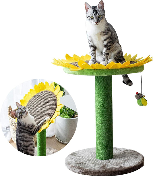 Delight Your Cat with the Adjustable Sunflower Scratching Post and Bed Combo