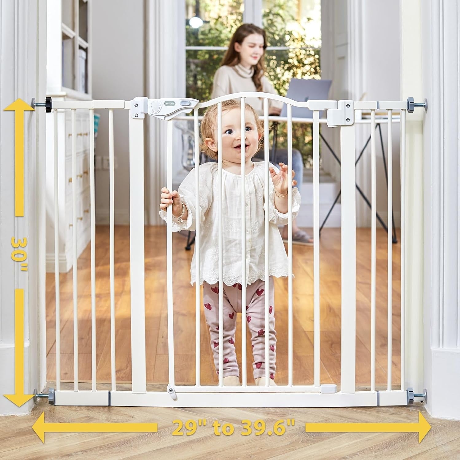 29-39.6" Adjustable Baby Gate for Stairs, Auto-Close Dual-Sided Dog Gate with One-Hand Operation, 30" Tall Safety Gate for Pets, Hallways, and Bedrooms, Wall Pressure Mount Installation, White