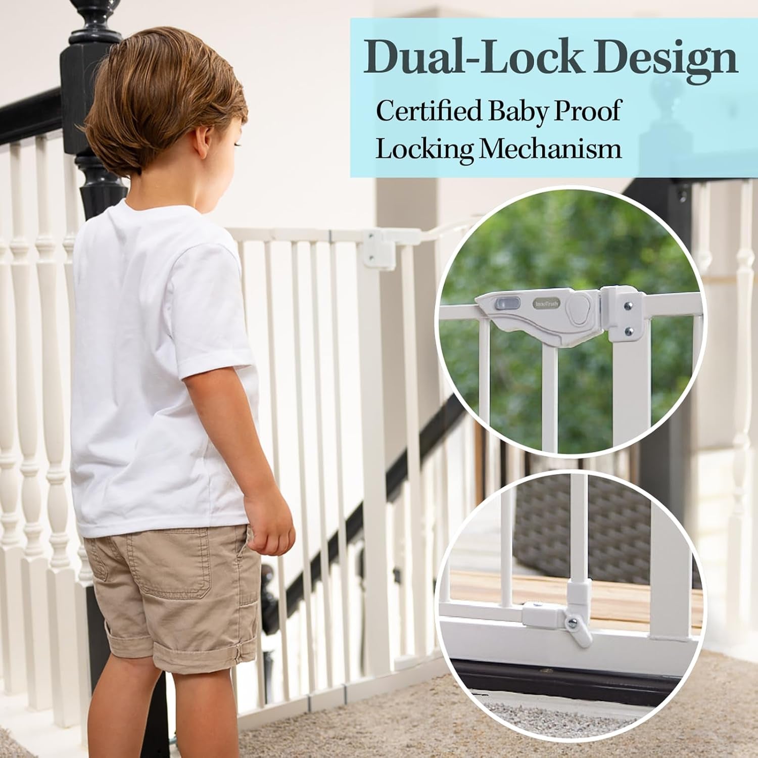 29-39.6" Adjustable Baby Gate for Stairs, Auto-Close Dual-Sided Dog Gate with One-Hand Operation, 30" Tall Safety Gate for Pets, Hallways, and Bedrooms, Wall Pressure Mount Installation, White