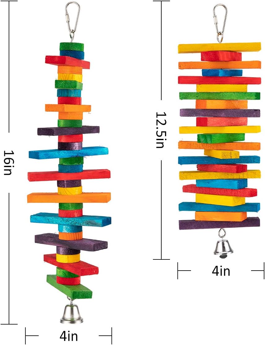 2 Pcs Bird Toys - Parrot Toys with Multicolored Natural Wooden Blocks, Chewing Sticks for Conures, Parakeets, Cockatiels, Lovebirds, African Grey, Macaws, Amazon Parrots - Bird Gift