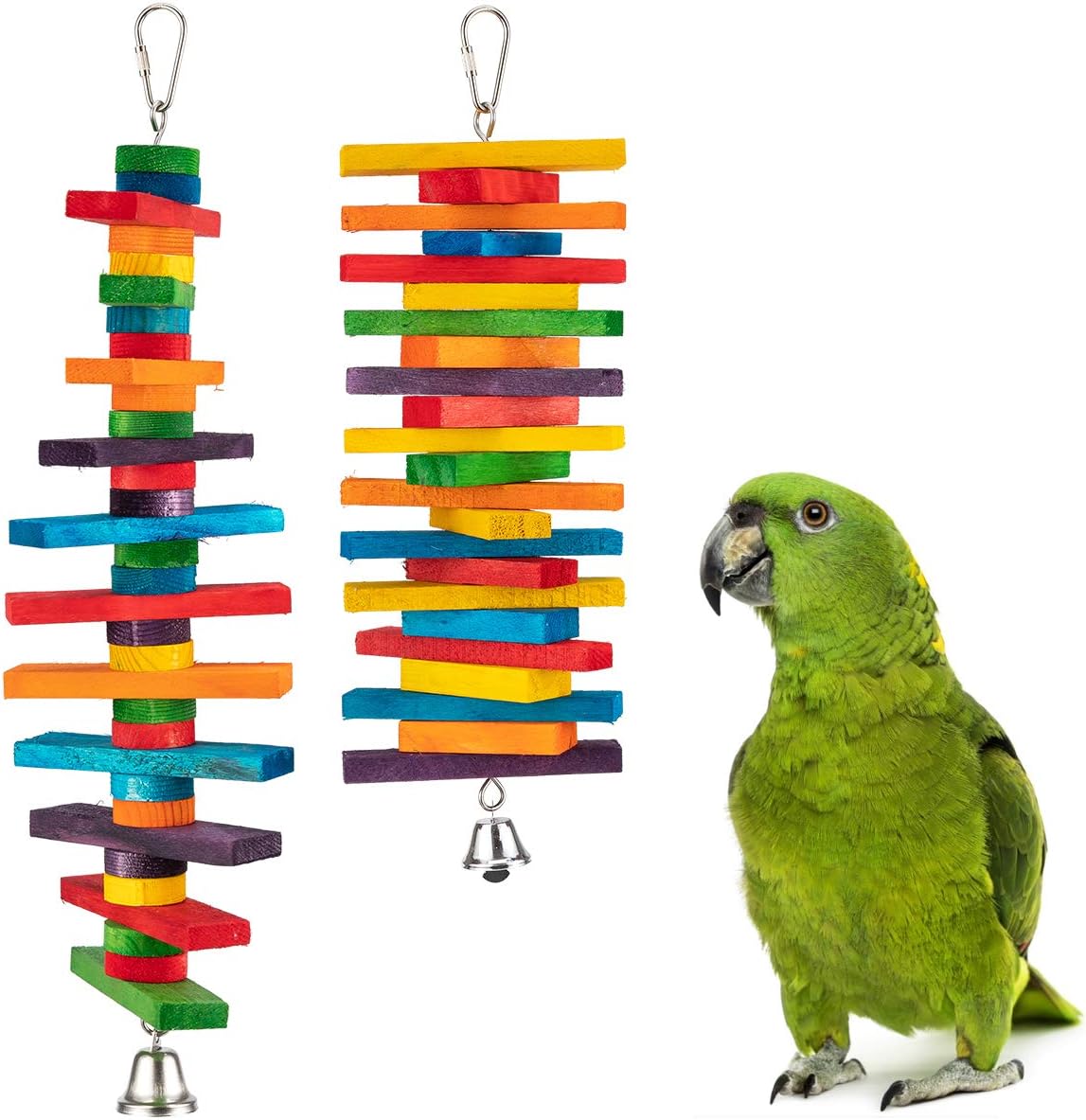 2 Pcs Bird Toys - Parrot Toys with Multicolored Natural Wooden Blocks, Chewing Sticks for Conures, Parakeets, Cockatiels, Lovebirds, African Grey, Macaws, Amazon Parrots - Bird Gift