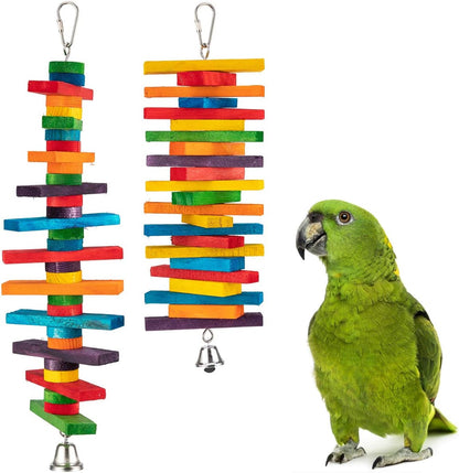 2 Pcs Bird Toys - Parrot Toys with Multicolored Natural Wooden Blocks, Chewing Sticks for Conures, Parakeets, Cockatiels, Lovebirds, African Grey, Macaws, Amazon Parrots - Bird Gift