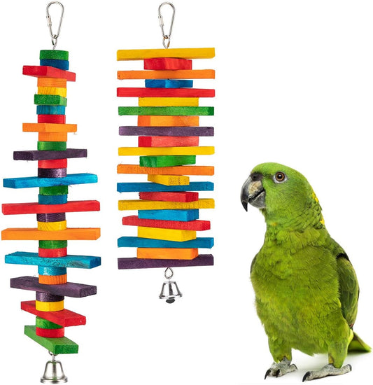2 Pcs Bird Toys - Parrot Toys with Multicolored Natural Wooden Blocks, Chewing Sticks for Conures, Parakeets, Cockatiels, Lovebirds, African Grey, Macaws, Amazon Parrots - Bird Gift