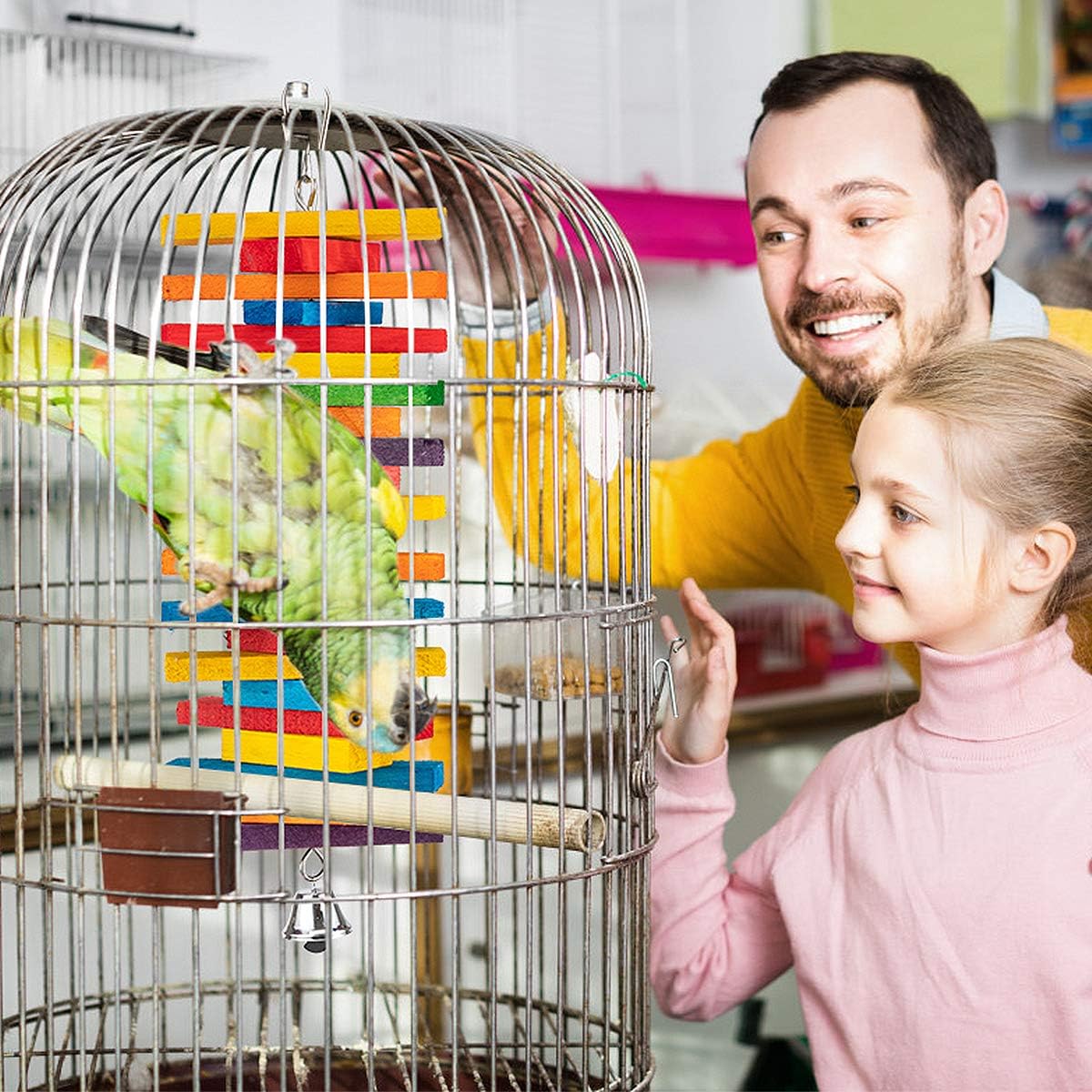 2 Pcs Bird Toys - Parrot Toys with Multicolored Natural Wooden Blocks, Chewing Sticks for Conures, Parakeets, Cockatiels, Lovebirds, African Grey, Macaws, Amazon Parrots - Bird Gift