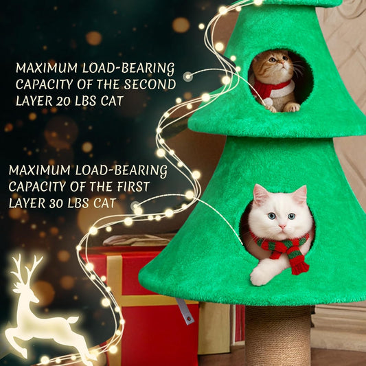 59In Large Tall Christmas Tree Cat Tower with 2 Cat Condos & Scratching Post, Soft Fleece Cat Tree with Teaser Toy & Sturdy Base & Built-In Openings for Indoor Cats, Green