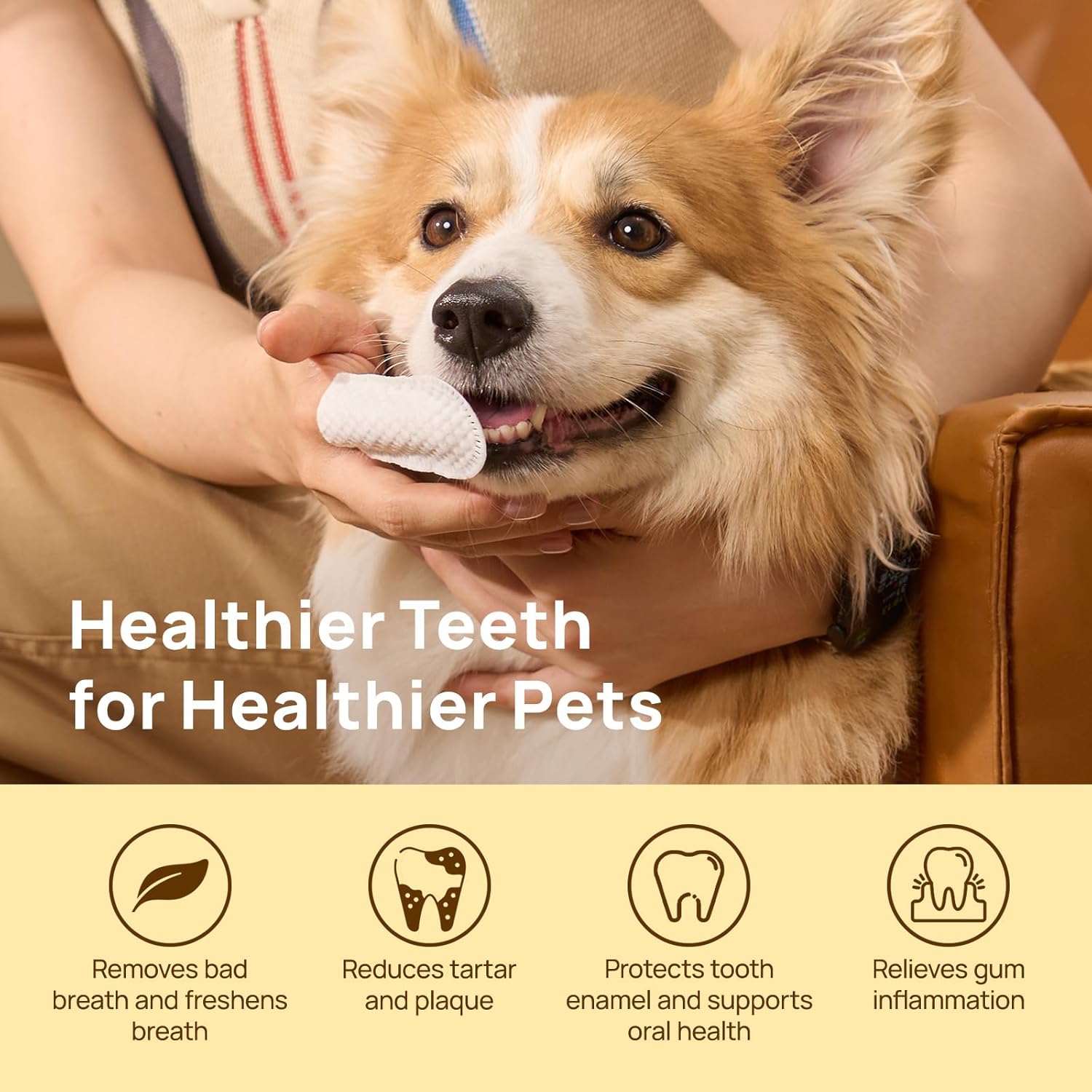 Teeth Cleaning Wipes for Dogs & Cats, Vet-Recommended Remove Bad Breath & Plaque & Tartar Buildup Dog Finger Toothbrush Wipes, Dog Tooth Brushing Kit Remove Stain & Gum Care for Small Animal