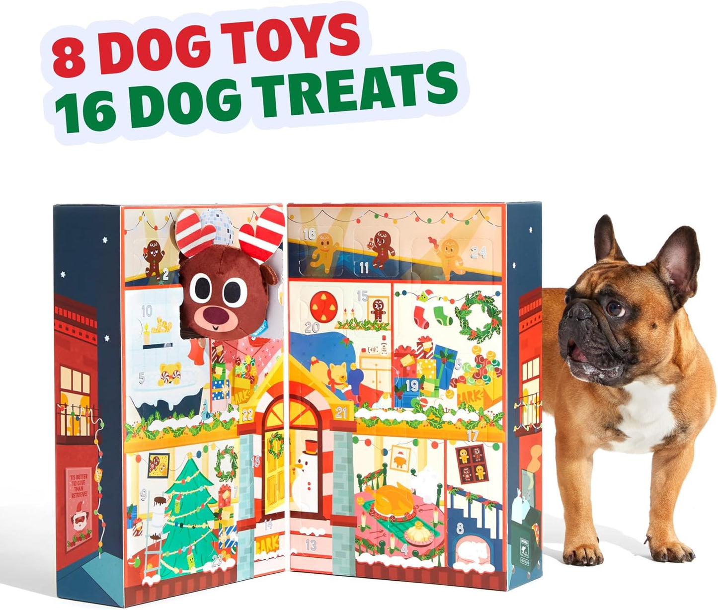 Dog Advent Calendar – Holiday Gift Box with 8 Festive Plush Dog Toys & 16 Bakery-Style Treats – Squeaky, Fluffy & Crunchy Surprises for Small to Large Dogs