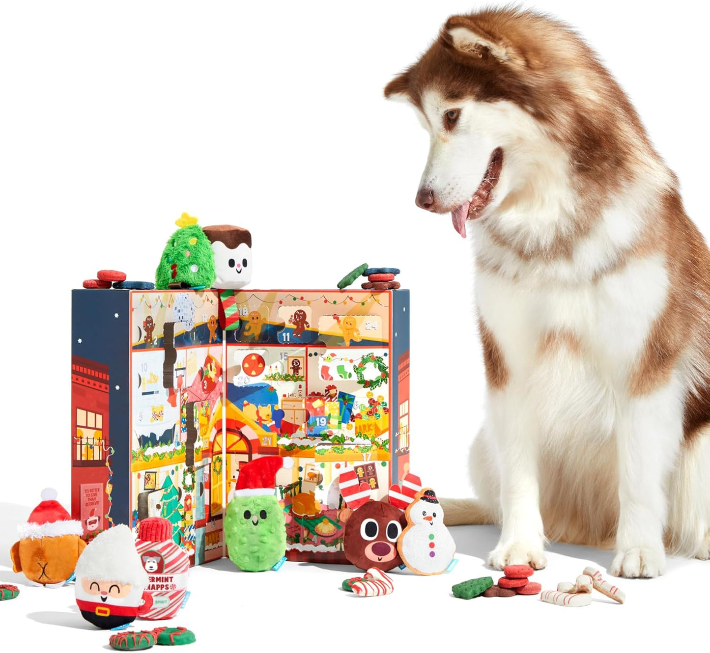 Dog Advent Calendar – Holiday Gift Box with 8 Festive Plush Dog Toys & 16 Bakery-Style Treats – Squeaky, Fluffy & Crunchy Surprises for Small to Large Dogs