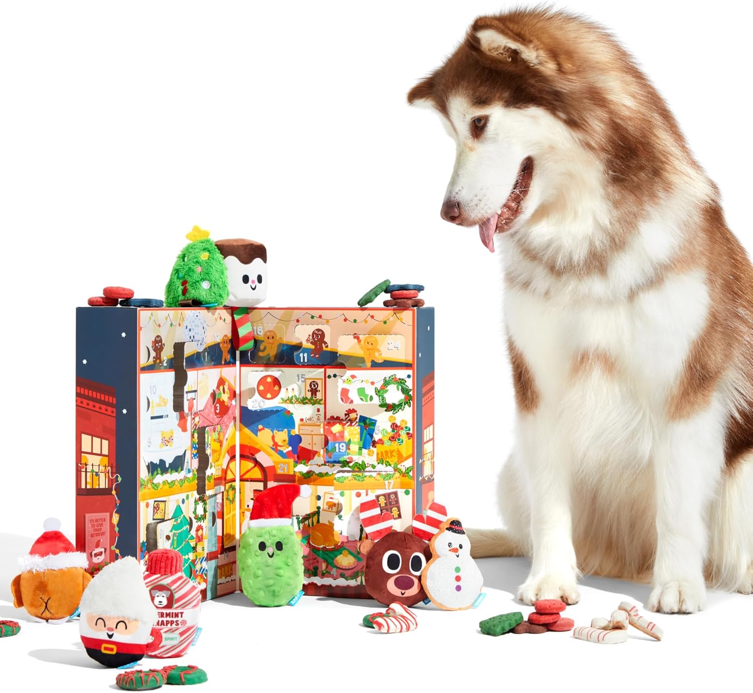 Dog Advent Calendar – Holiday Gift Box with 8 Festive Plush Dog Toys & 16 Bakery-Style Treats – Squeaky, Fluffy & Crunchy Surprises for Small to Large Dogs