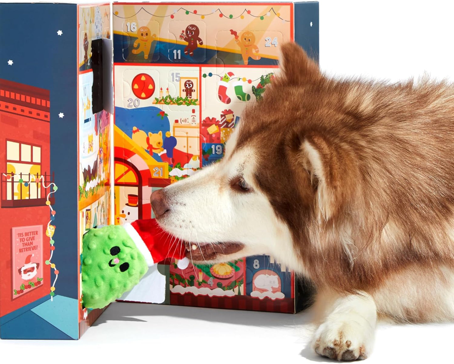 Dog Advent Calendar – Holiday Gift Box with 8 Festive Plush Dog Toys & 16 Bakery-Style Treats – Squeaky, Fluffy & Crunchy Surprises for Small to Large Dogs