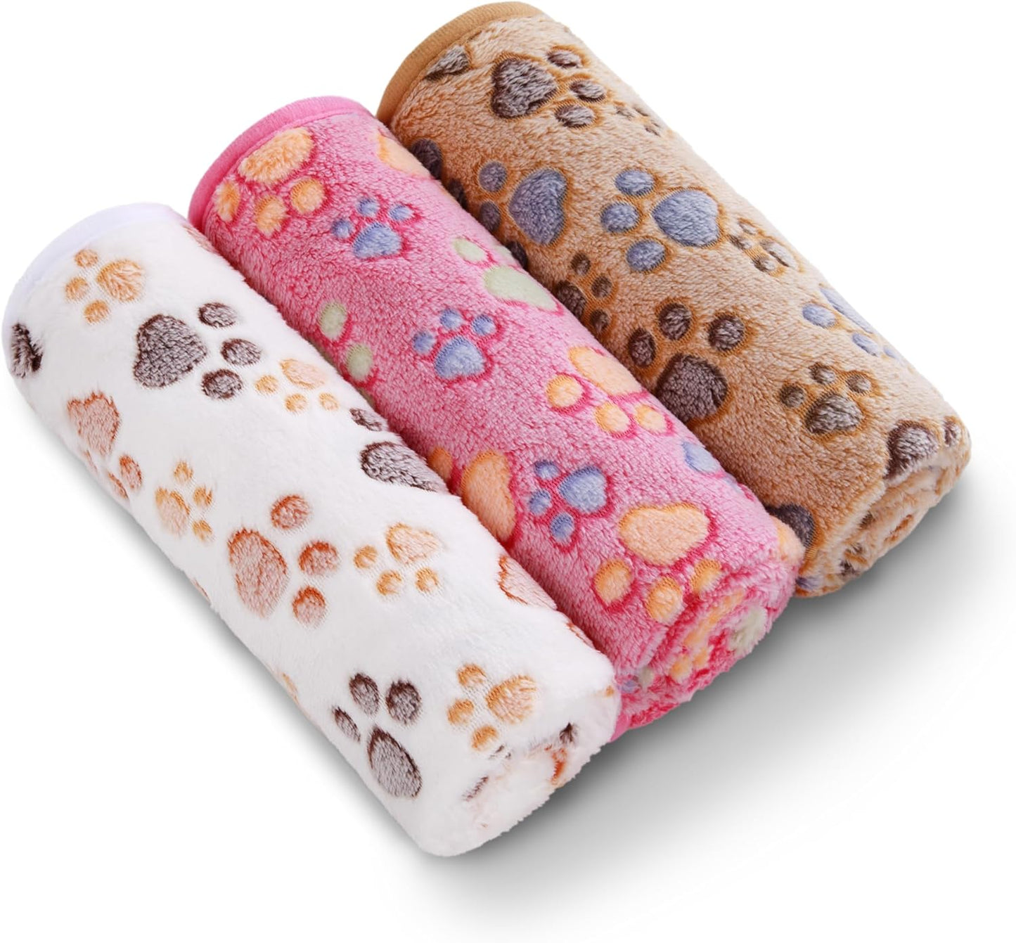 Premium Fleece Pet Blanket Set - 3 Super Soft Fluffy Throws for Dogs and Cats in Brown, Pink, and White (Small, 23x16 Inches)
